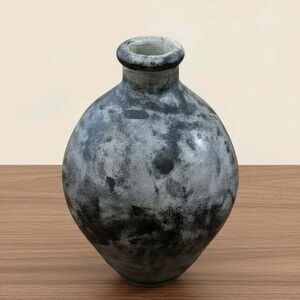 Signed Studio Pottery Vase – Mottled Black & Gray Finish – Bottle Form – 2005